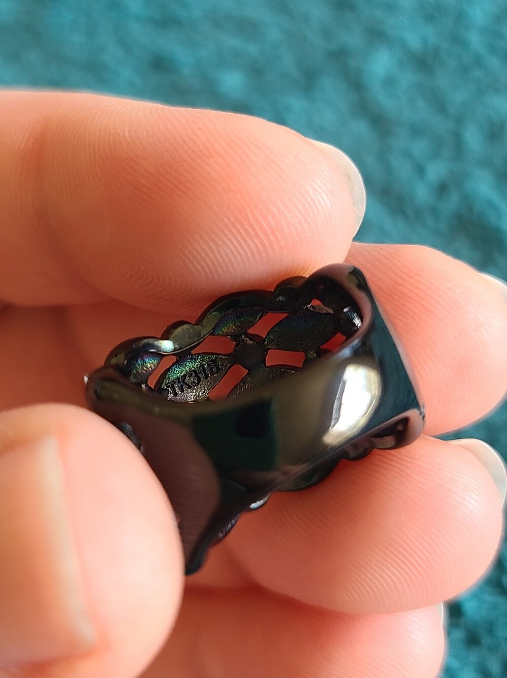 Black Band Ring with Ivory Accents and Garnets - Picture 5 of 7